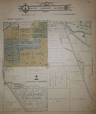 Mapa Plat 1911 ~ Ciudad de Jackson, Jackson Co., MI ~ CEMENTERIO CATÓLICO Y DEL BOSQUE Foto 1 de 3