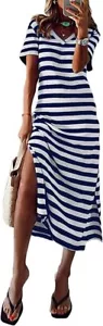 Women 2025 Casual Maxi Dress Short Sleeve V Neck Stripe Sundress Split Loose M - Picture 1 of 5