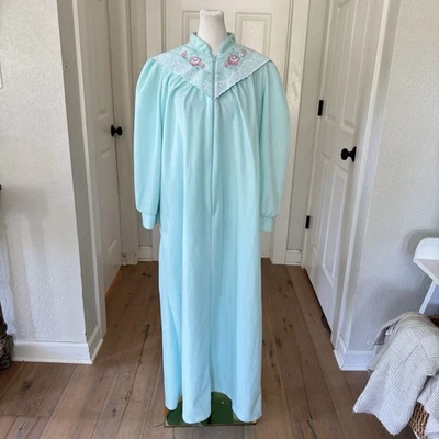 Vtg 80s Saybury Womens Robe 1/2 Zip House Coat Sz M Floral Lace Aqua Granny Core - Image 1 of 4