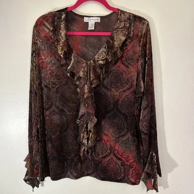 Burnout Velvet Ruffle Top Blouse 2X Fairy Grunge Pirate Dark Whimsygoth - Image 1 of 4