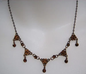 VTG Copper Tone Amber Rhinestone Choker Necklace Dangle Festoon Victorian Style - Picture 1 of 3