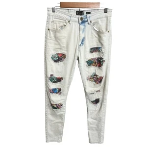 Pantalones de mezclilla ajustados WAIMEA parche desgastado azul claro lavado talla 30x32 para hombre Y2K  - Imagen 1 de 20