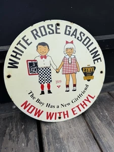Fantasy WHITE ROSE GAS PORCELAIN ROUND ADVERTISING SIGN OIL GASOLINE Ethyl 12” - Picture 1 of 2