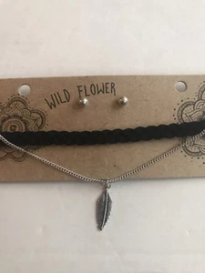 Neu mit Etikett "schwarzes Damen-Halsband mit angenähter Silberhalskette & Ohrstecker" - Bild 1 von 6