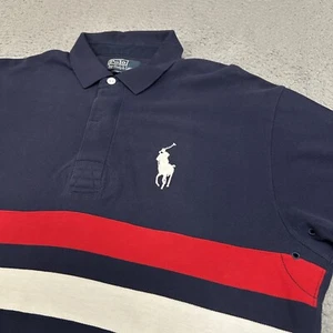 Vintage Polo Ralph Lauren Shirt Mens Medium Blue Polo Big Pony Striped Rugby - Picture 1 of 11
