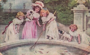 Animal~Four Little Girls And Two Dogs Around A Fishing Pond Vintage Postcard1115 - Picture 1 of 2
