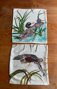 Cushion Cover Hand-Painted 100% Silk Satin Ducks in Water & Flight Artist Signed - Picture 1 of 24