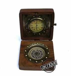 Vintage Table Watch Antique Design Wooden Desk Compass Brass Brown Clock GIFTS - Picture 1 of 5