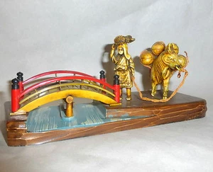 Antique 1920's Japan Celluloid 8" Diorama Man w/ Loaded Ox Bridge over Water - Picture 1 of 6