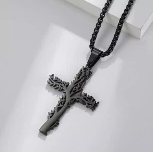 Tree of Life Cross Pendant Stainless Steel Black Necklace, Great Gift Too! - Picture 1 of 2