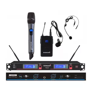 Sistema de micrófono inalámbrico de 2 canales UHF auriculares portátiles con solapa micrófonos de audio micrófonos - Imagen 1 de 12