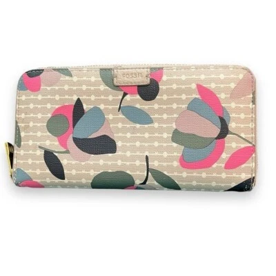 Fossil Emma Zip Around Wallet Retro Pink Flowers Gray Coated Canvas Faux Leather - Image 1 of 4