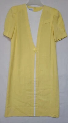 Vestido falso vintage anos 80 Leslie Fay amarelo/branco manga curta tamanho 10 (ZK) - Imagem 1 de 4