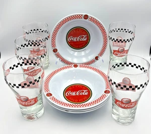 VTG Gibson COCA COLA 4 Melamine Dishes & 5 Coca-Cola Checkered Pattern Glasses - Picture 1 of 11