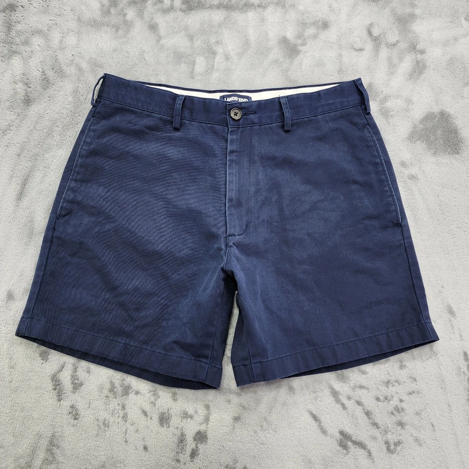 Lands End 短裤男式 31 蓝色传统版型平前斜纹布休闲学院风  — 第 1/4 张图片