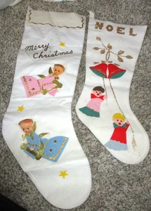 2 Vintage White Felt Plastic Face Big Head Angel & Choir Boy Christmas Stockings - Picture 1 of 4
