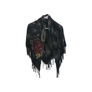 Beautiful Estate Velvet Peacock Beaded Artdeco Fringe Shawl Wrap - Picture 1 of 10