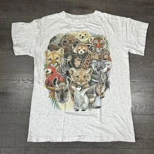 T-shirt vintage KATZ Wildlife Animal Collage made in USA S-M-L bianco erica - Foto 1 di 9