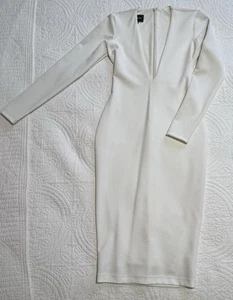 Nookie WhiteLong Sleeve Stretchy Bodycon Midi Dress Plunging Neckline Sz 8 Lined - Picture 1 of 6