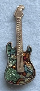 GUITARRA VINTAGE BRILLANTE TONO DORADO ESMALTE PIN INSIGNIA BROCHE - Imagen 1 de 3