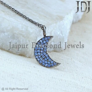 Blue Sapphire Gemstone Crescent Moon Charm Pendant 925 Sterling Silver Jewelry - Picture 1 of 11