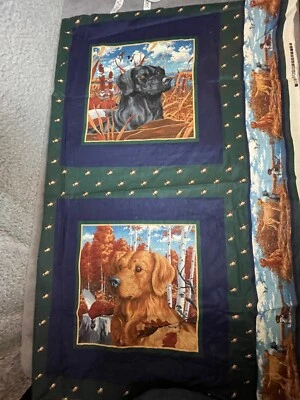 Fabric Lot 2 Yds 44 W Dogs Hunting Scene 15 In Squares Border Cotton VTG - Image 1 of 4