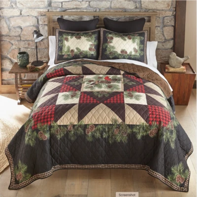Cardinal Pine Patchwork Printed Quilt Set Rustic Farmhouse Cabin Lodge Red Bird - Image 1 of 4