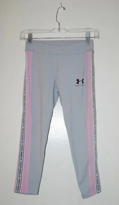 NWT Under Armour Girls Gray & Pink Taped Ankle Crop Length Sport Leggings sz M - Image 1 of 4