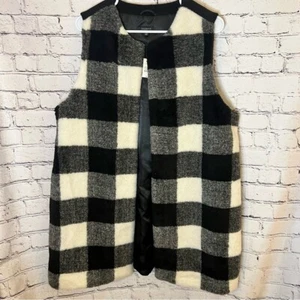 Talbots NWT Women’s Wool Blend Sherpa Long Vest Black White Buffalo Check XL - Picture 1 of 7