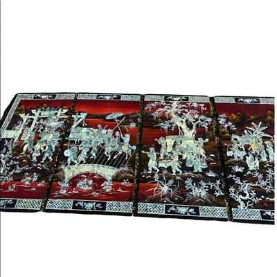 Vintage Asian Lacquered Wood Panels Inlaid with Mother Of Pearl - Image 1 of 4