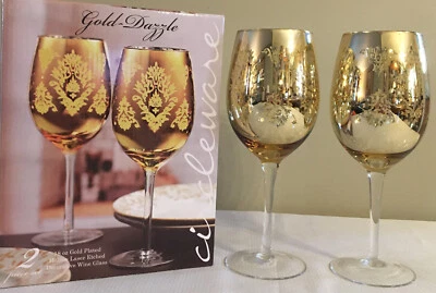 Conjunto de 2 taças de vinho gravadas a laser ocas folheadas a ouro 18 oz Circleware OURO~DESLUMBRANTE - Imagem 1 de 4