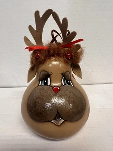 Handpainted Holiday Gourd Ornament Reindeer Signed Dated - Bild 1 von 6