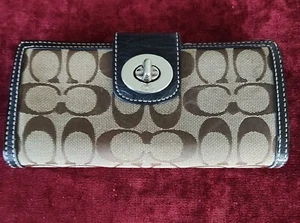 Coach Vintage Turnlock Signature Kahki Bifold Wallet Black Leather Trim 8" w/COA - Picture 1 of 5