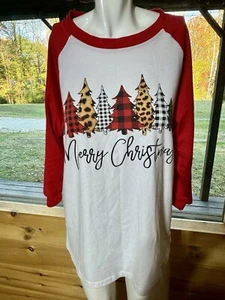 Women's White and Red Long Sleeve Merry Christmas Mixed Trees T-Shirt Size XL! - Picture 1 of 5