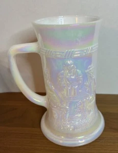 Vintage Federal Iridescent Carnival Glass White Beer Stein Tavern Scene Mug - Picture 1 of 2