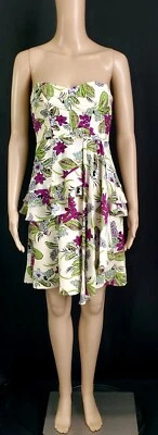 Mini Vestido NANETTE LEPORE Seda Marfil Púrpura Verde Floral En Niveles Sin Tirantes Talla 2 Foto 1 de 4