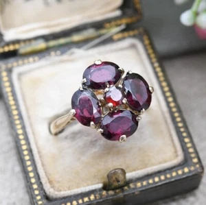 Vintage 9ct Gold Garnet Flower Ring 1990 - Large Floral Shape Cocktail Statement - Picture 1 of 8