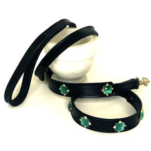 Aquamarine Gemstones & Leather Collar & Leash, 14”-17”