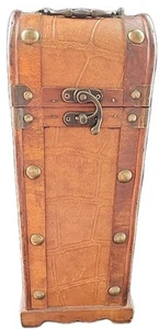 Vintage Wine Carrier Box Wood Brass Leather Handle Clasp16 x5 3/8×5 1/2 Brown - Picture 1 of 10