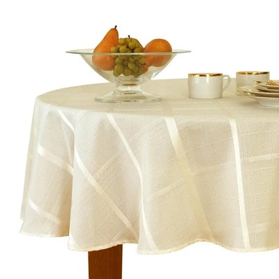 Elrene Round Tablecloth Beige Damask Stain Resistant Water Repellent 90"x90" - Image 1 of 3