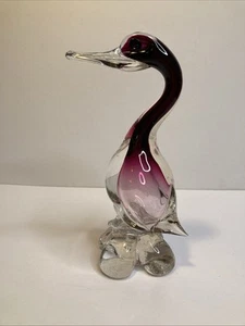 Mid Century Murano Art Glass Style Duck Goose Clear Purple 9” Figurine - Picture 1 of 8