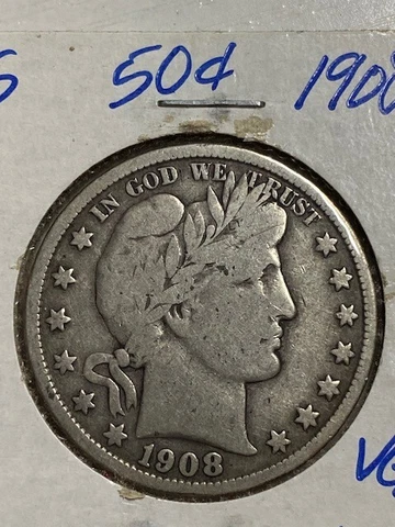1908-s Barber Half Dollar 50 Cent Better Date & Condition, Free shipping Cover