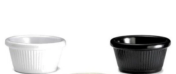 3x 2oz Ramekin Melamine Fluted, White, Black, Relish, Dip Dish