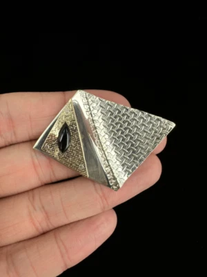 Vintage Sterling Oro Design Diamante Piastra Onice Geometrico Moderni - Immagine 1 di 4