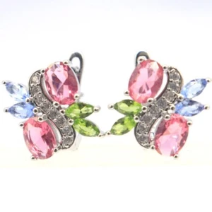 Buy 2 Get 1 Free Pink Tourmaline Peridot Violet Tanzanite Gift Silver Earrings - Picture 1 of 3
