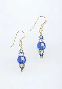 Classic Gold Earrings with Swarovski SAPPHIRE BLUE Crystal & Rhinestone Rondelle - Picture 1 of 1