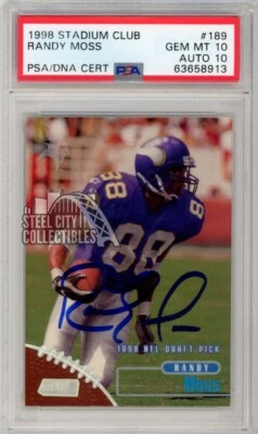 Randy Moss 1998 Topps Stadium Club Autograph Rookie Card #189 PSA 10 PSA/DNA 10 - Image 1 of 2