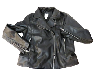 Womens Small H & M Black Faux Leather Moto Jacket Side Zip Pockets Zipper Wrists - Picture 1 of 8