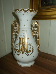 ANCIEN grand vase porcelaine blanc peint or double anse monogramme 29cm G2 - Picture 1 of 7