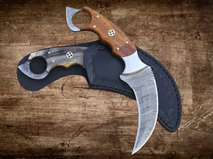 9" HANDGEMACHTES DAMASTSTAHL Karambit Full Tang Jagdmesser HOLZGRIFF + SCHEIDE - Bild 1 von 5